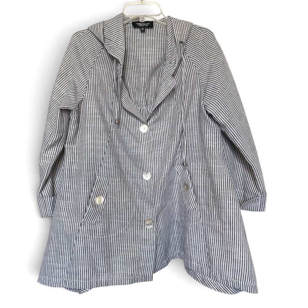 Jones New York Striped Hooded Jacket Women M Navy White Linen Blend Coastal Chic